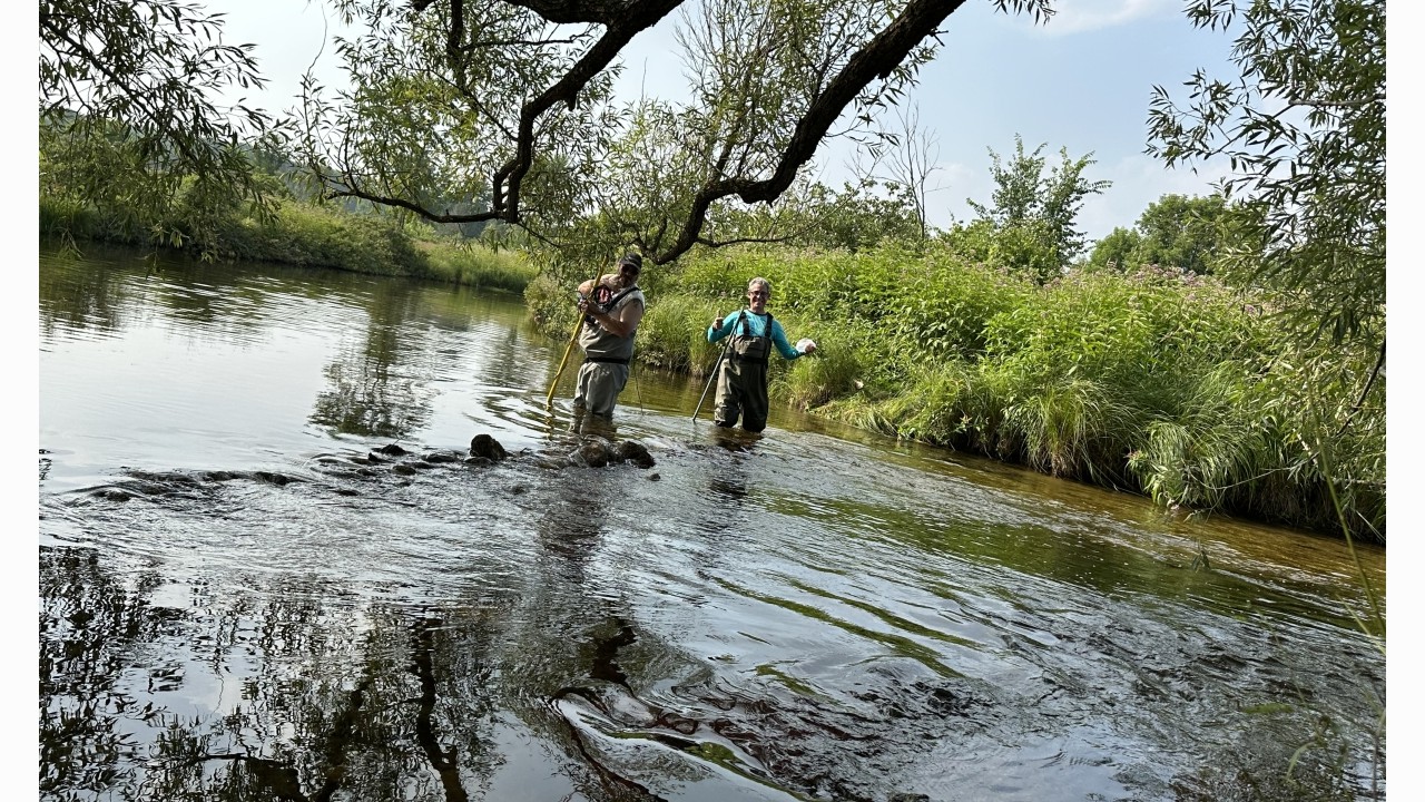 Taking environmental measurements of a biomass electrofishing sampling section