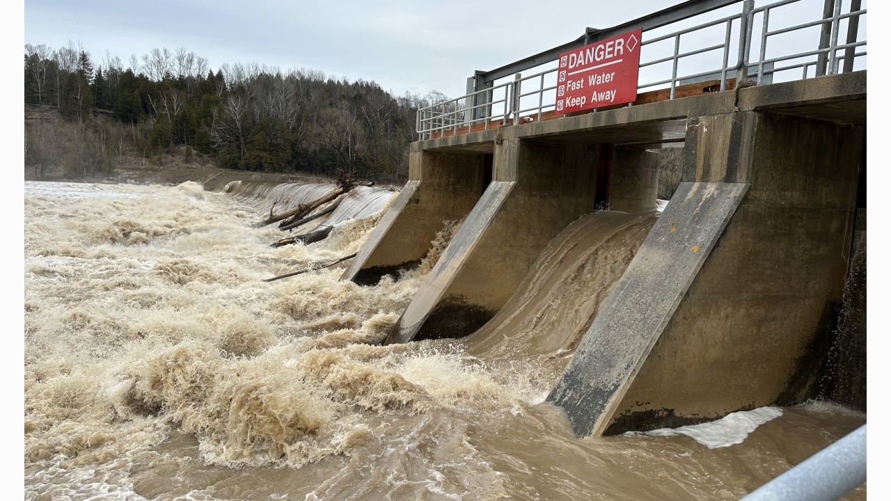 The year of too much water started early. Spring discharge at Denny’s Dam on the Saugeen River